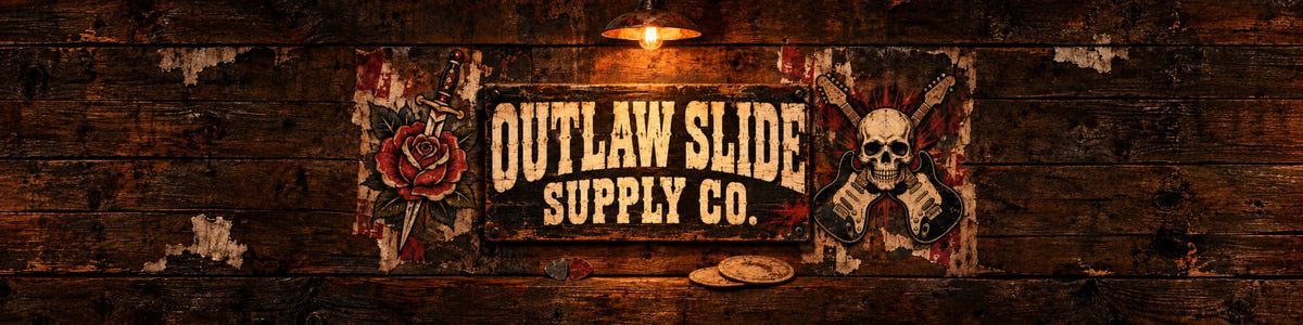 Outlaw Slide Supply Co. vintage sign on a full-width timber wall