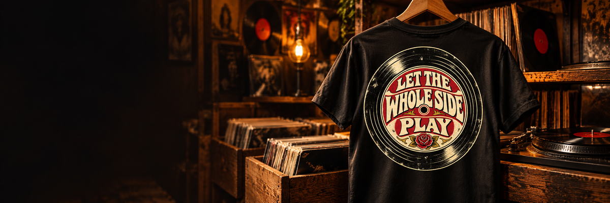Vinyl & Volume collection: original back-print tees in hanging tee in vinyl record room with crates and turntable