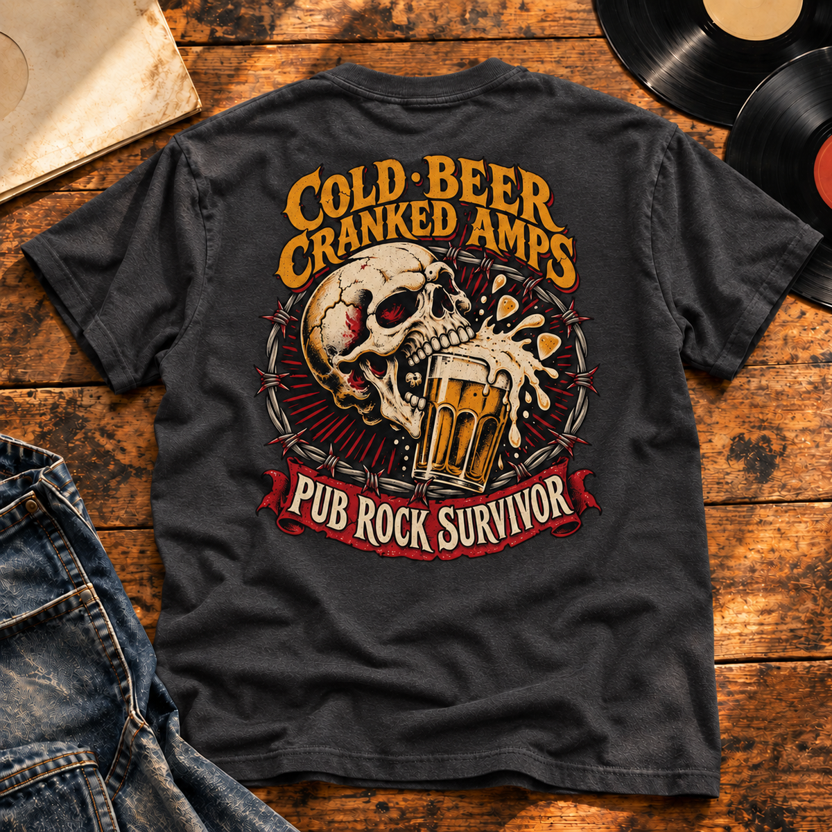 Pub Rock Survivor Heavyweight Tee — Charcoal Heather back-print vinyl hero