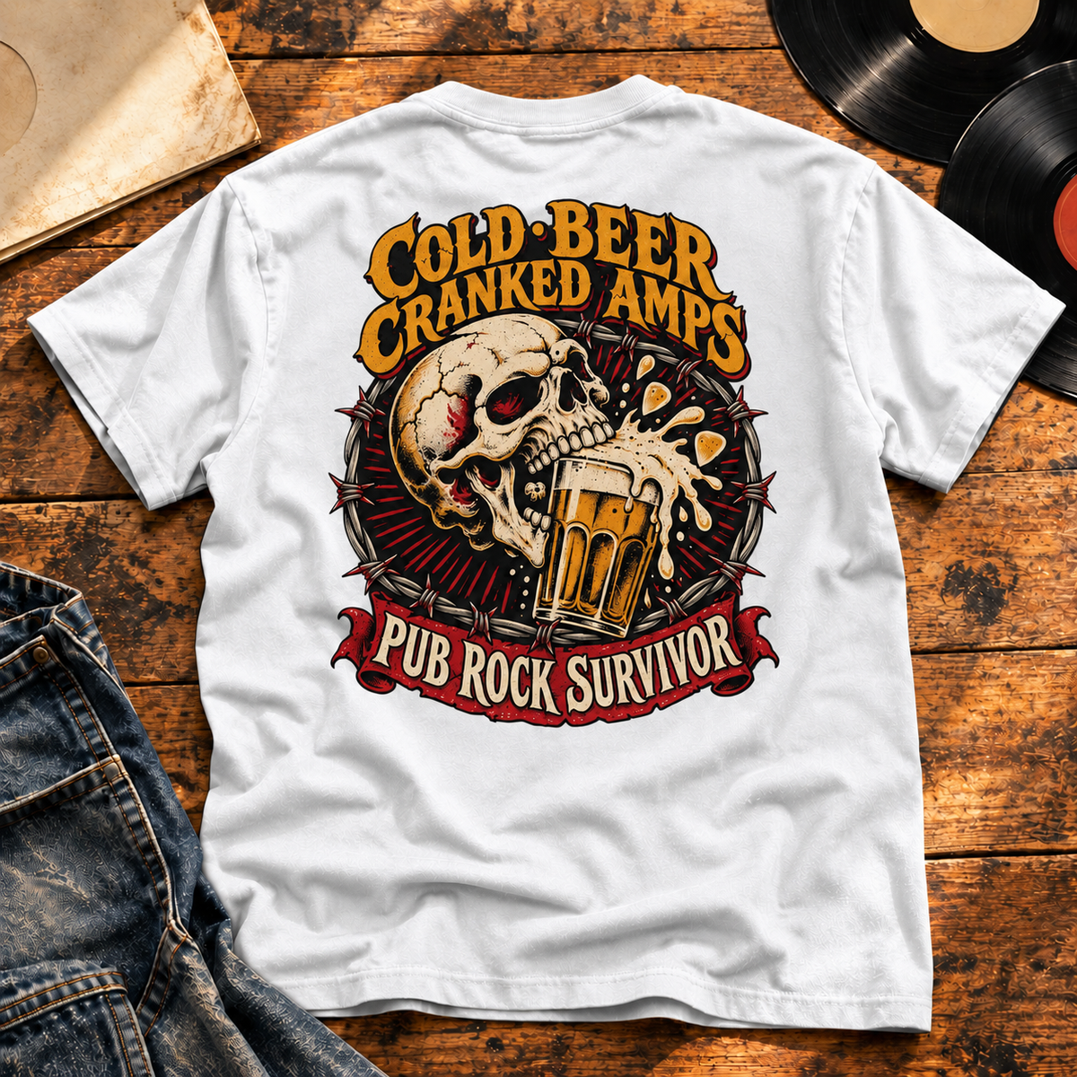 Pub Rock Survivor Heavyweight Tee — White back-print vinyl hero