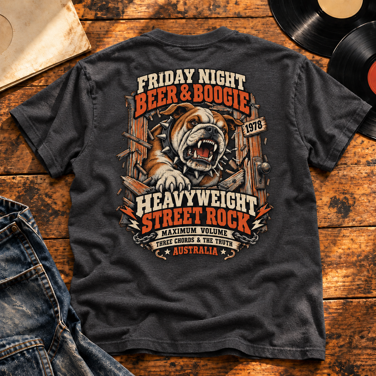 Beer & Boogie Bulldog Heavyweight Tee — Charcoal Heather back-print vinyl hero