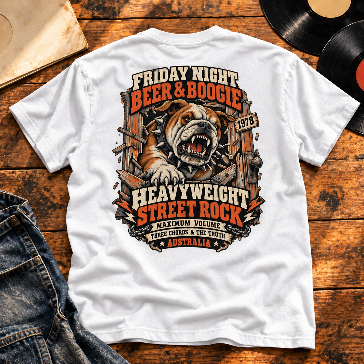 Beer & Boogie Bulldog Heavyweight Tee — White back-print vinyl hero