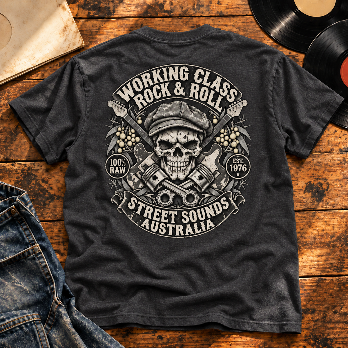 Working Class Rock & Roll Heavyweight Tee — Charcoal Heather back-print vinyl hero