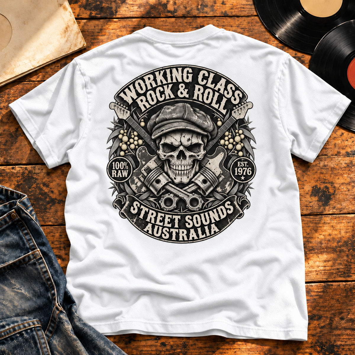 Working Class Rock & Roll Heavyweight Tee — White back-print vinyl hero