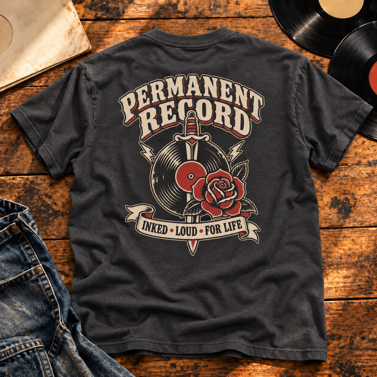 Permanent Record Heavyweight Tee — Charcoal Heather back-print vinyl hero
