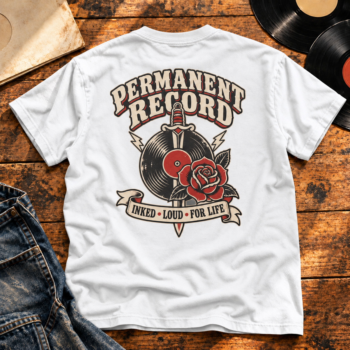 Permanent Record Heavyweight Tee — White back-print vinyl hero