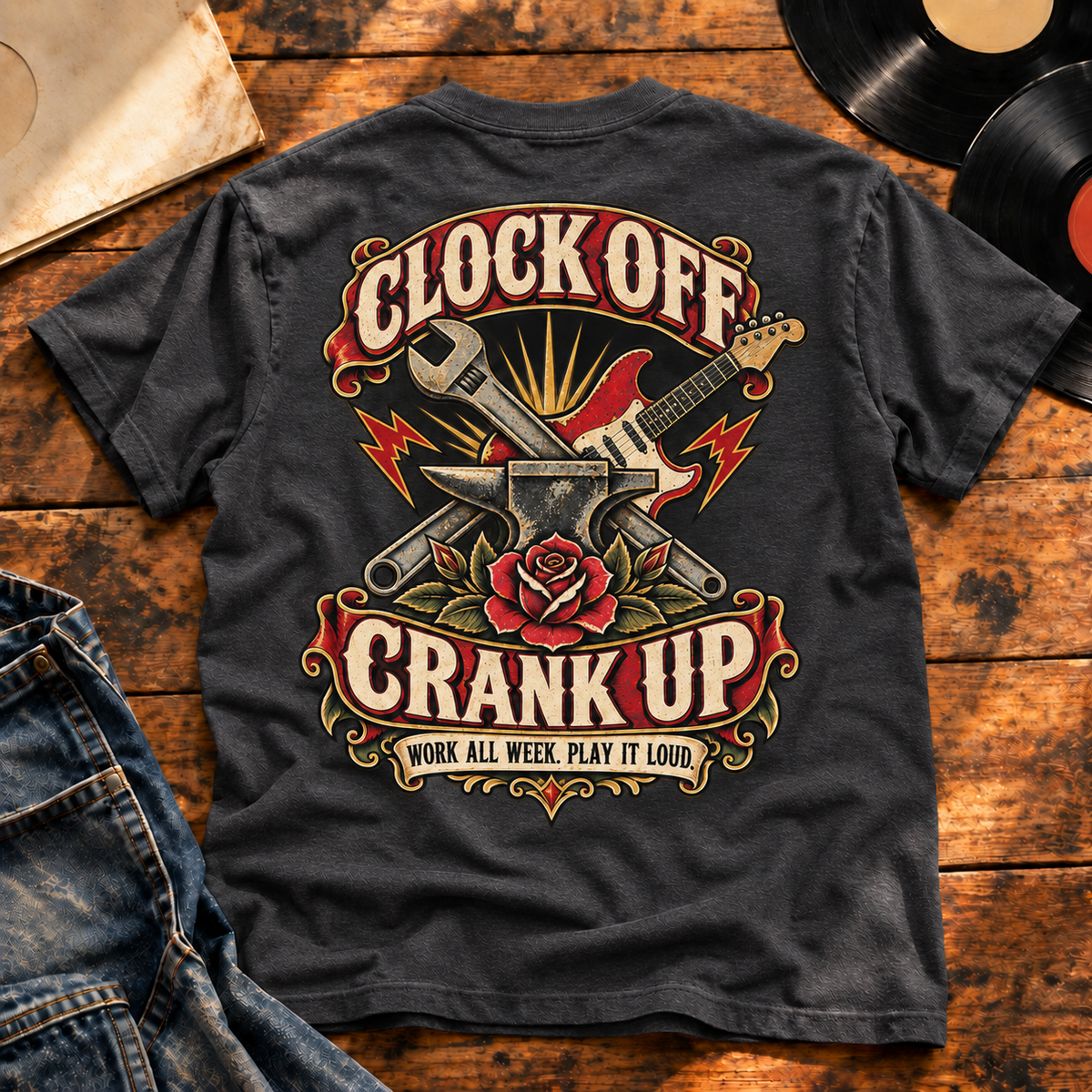 Clock Off Crank Up Heavyweight Tee — Charcoal Heather back-print vinyl hero