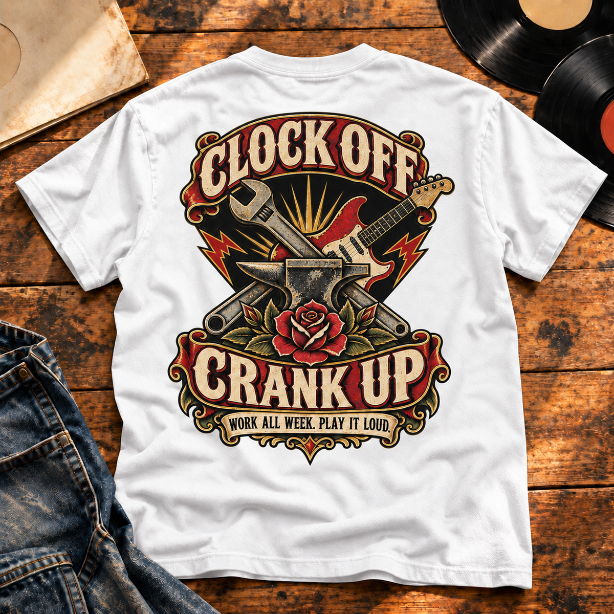 Clock Off Crank Up Heavyweight Tee — White back-print vinyl hero