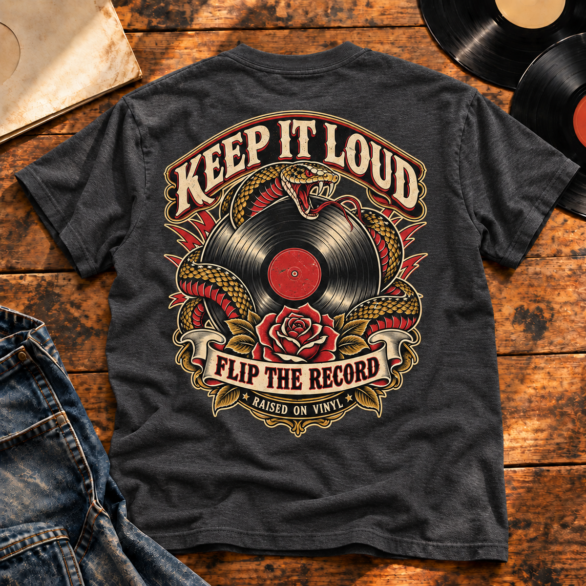 Keep It Loud Heavyweight Tee — Charcoal Heather back-print vinyl hero