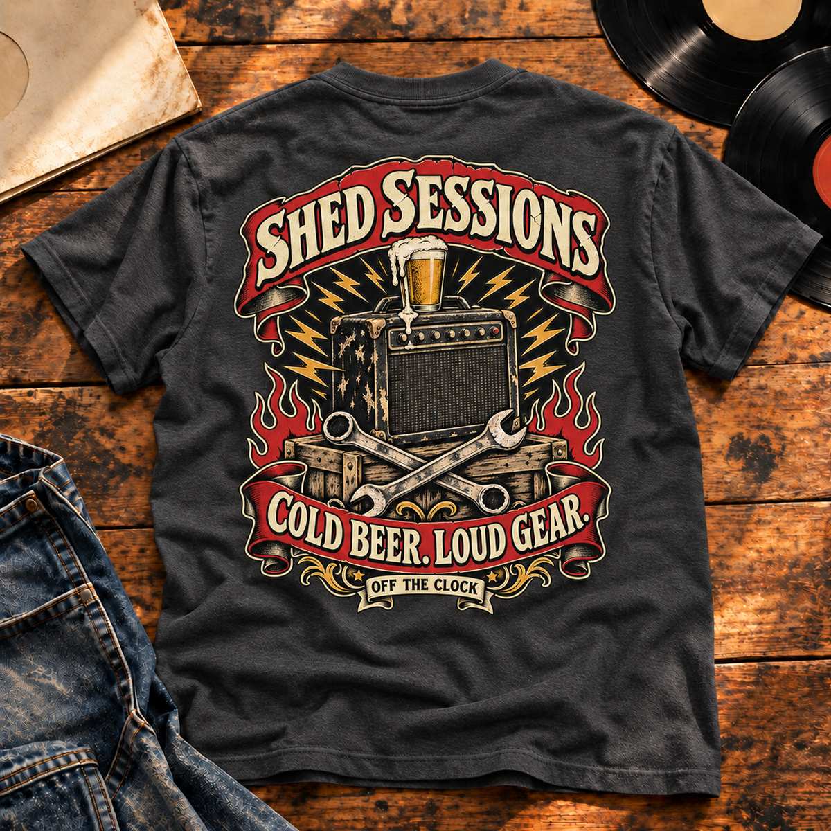 Shed Sessions Heavyweight Tee — Charcoal Heather back-print vinyl hero