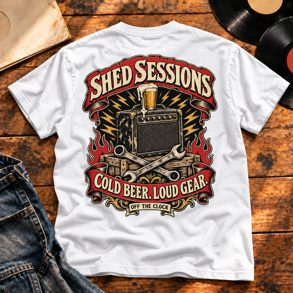 Shed Sessions Heavyweight Tee — White back-print vinyl hero