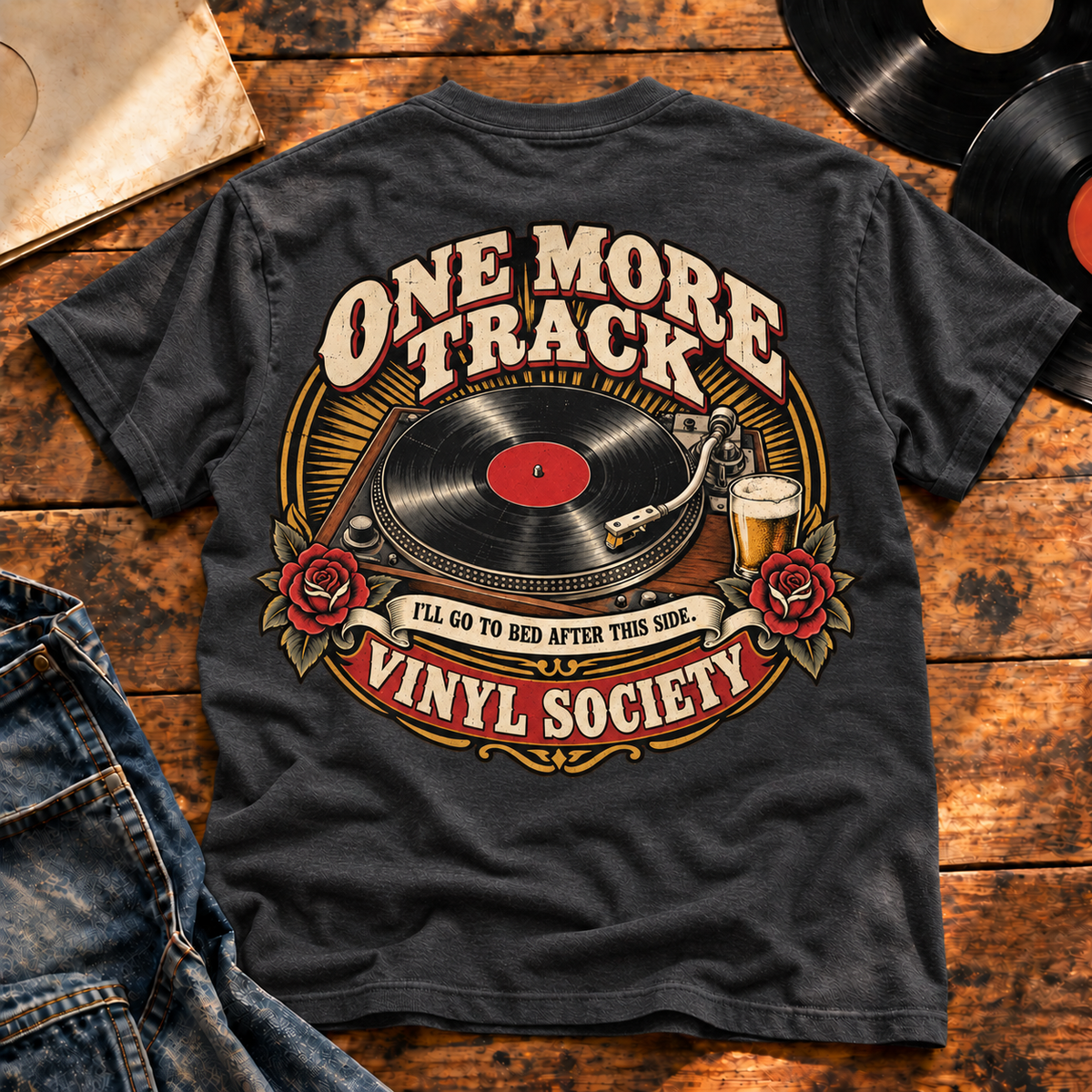 One More Track Vinyl Society Heavyweight Tee — Charcoal Heather back-print vinyl hero