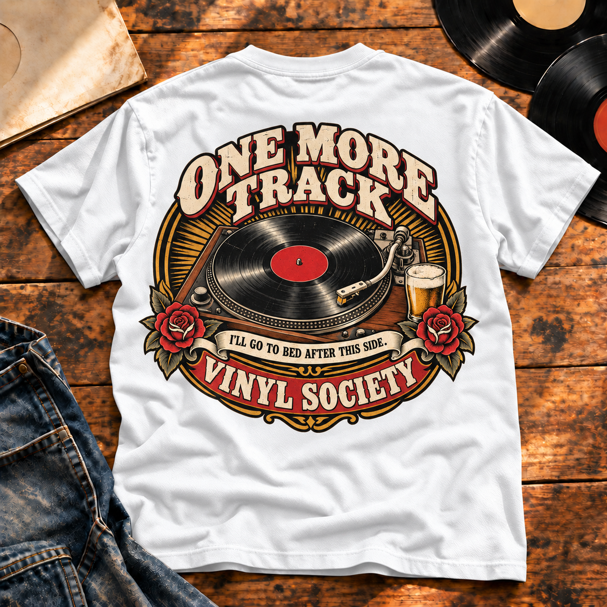 One More Track Vinyl Society Heavyweight Tee — White back-print vinyl hero