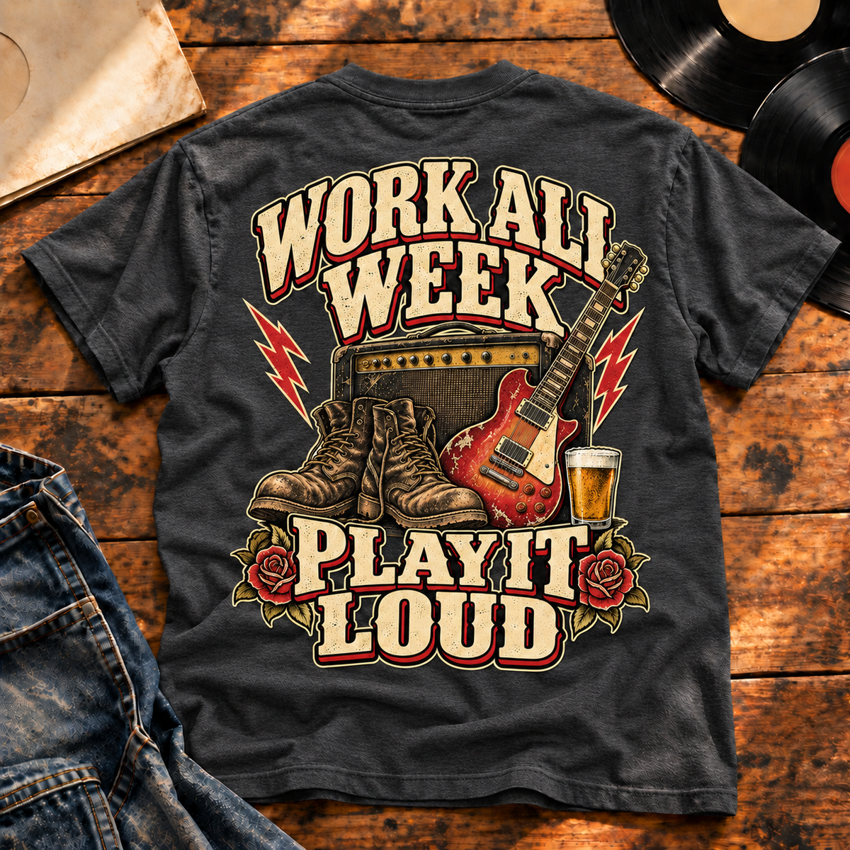Work All Week Play It Loud Heavyweight Tee — Charcoal Heather back-print vinyl hero