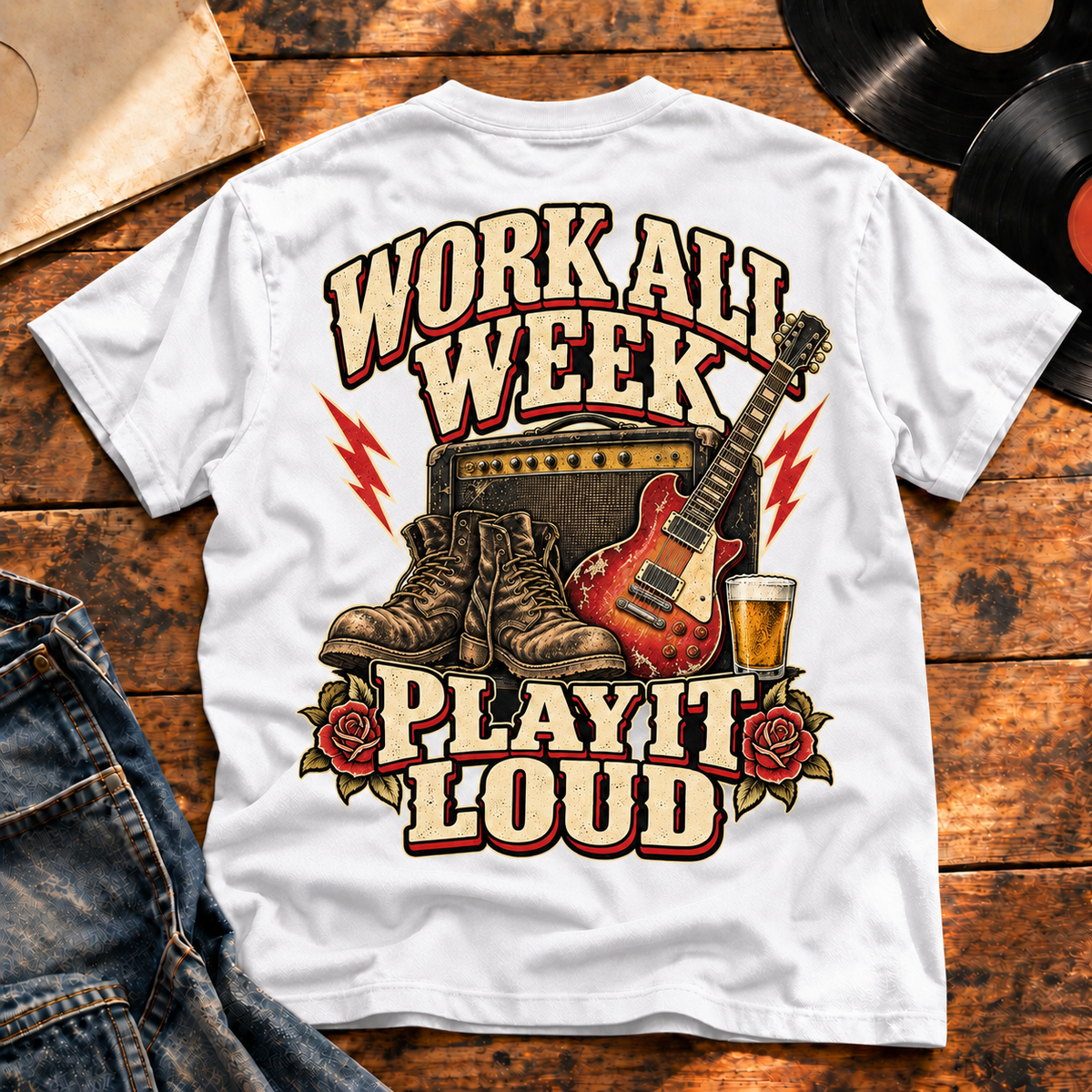 Work All Week Play It Loud Heavyweight Tee — White back-print vinyl hero