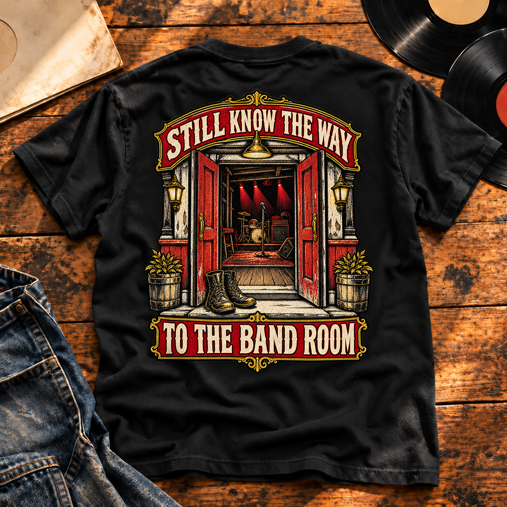 Still Know the Way Heavyweight Tee — Black vinyl flat-lay back view