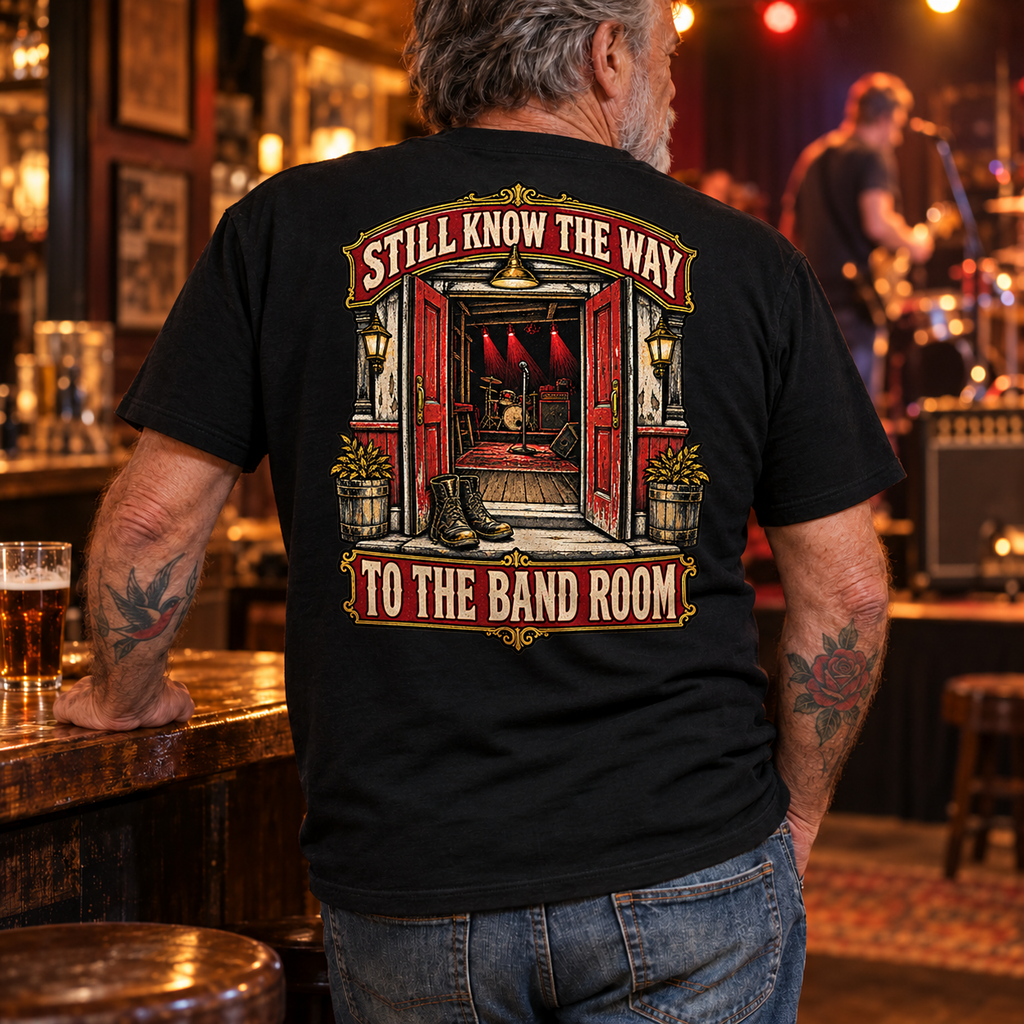 Still Know the Way Heavyweight Tee — Black pub lifestyle back view