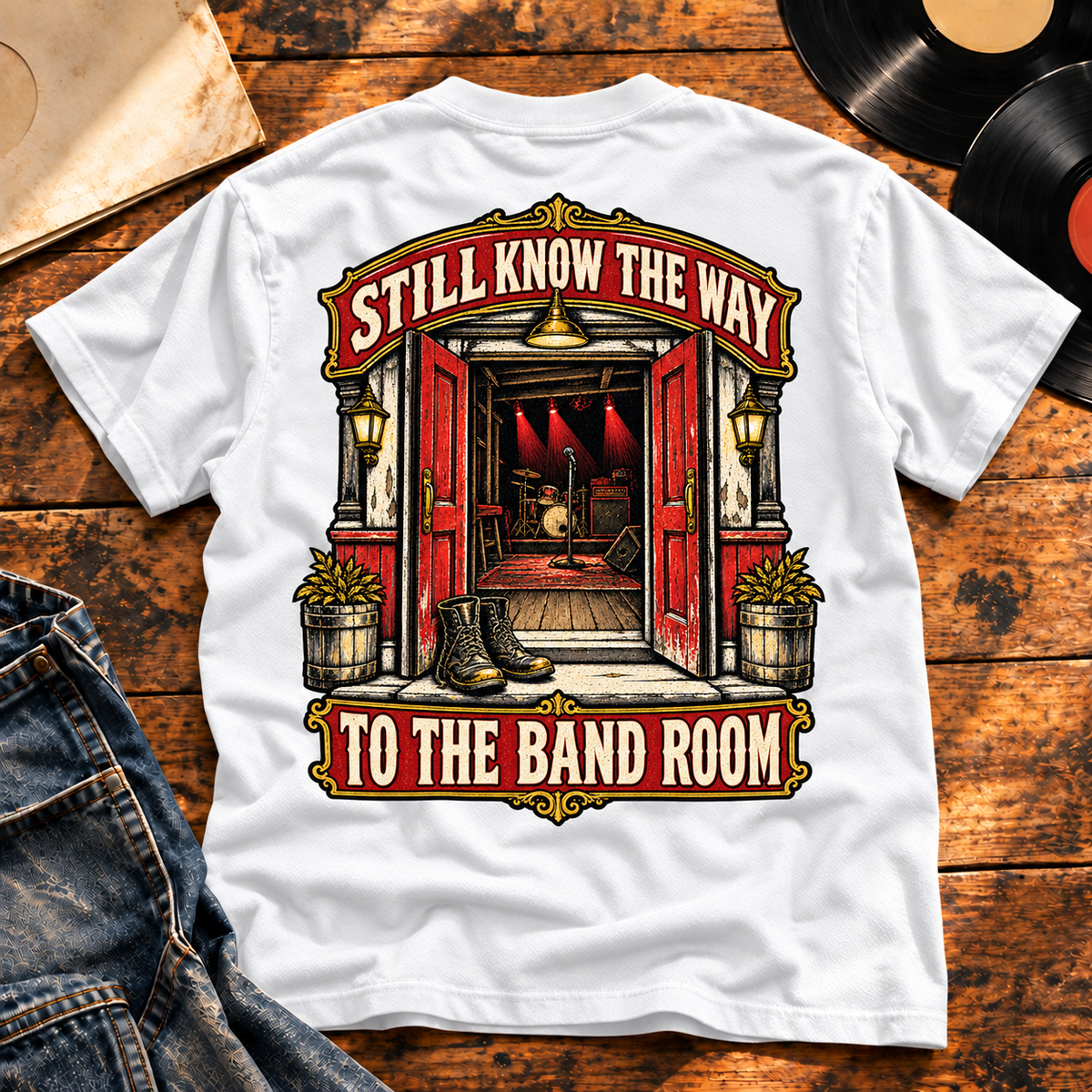 Still Know the Way Heavyweight Tee — White vinyl flat-lay back view