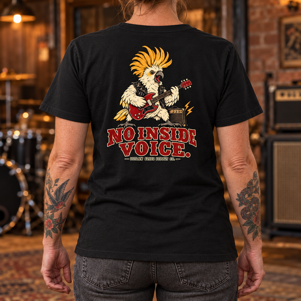 No Inside Voice T-Shirt – Cockatoo & Guitar Back Print