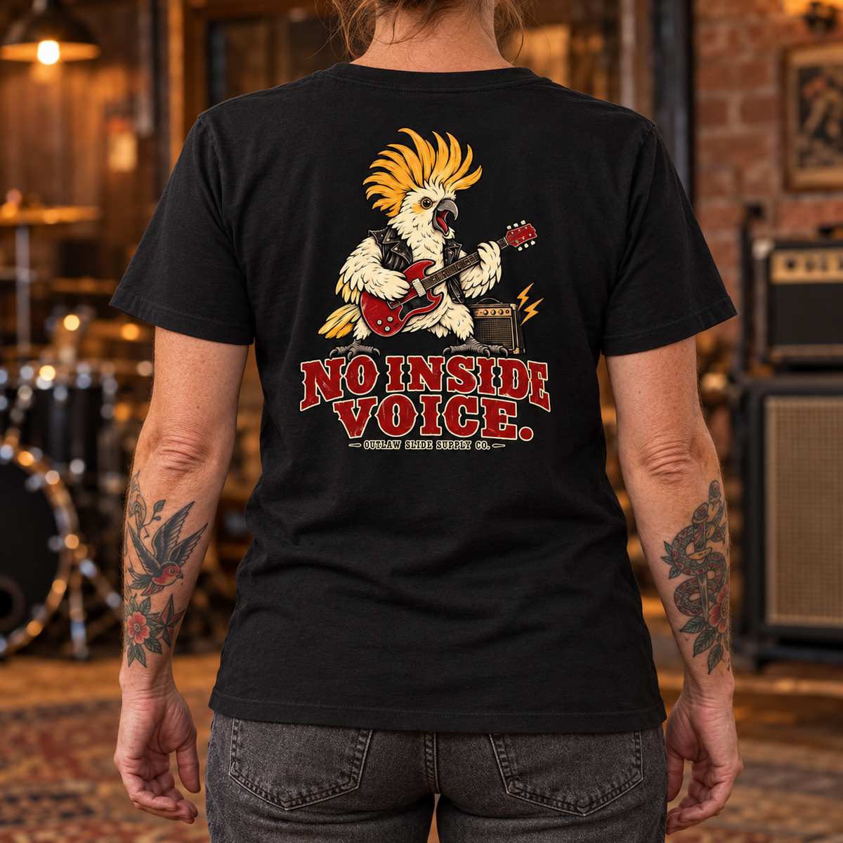 No Inside Voice T-Shirt – Cockatoo & Guitar Back Print