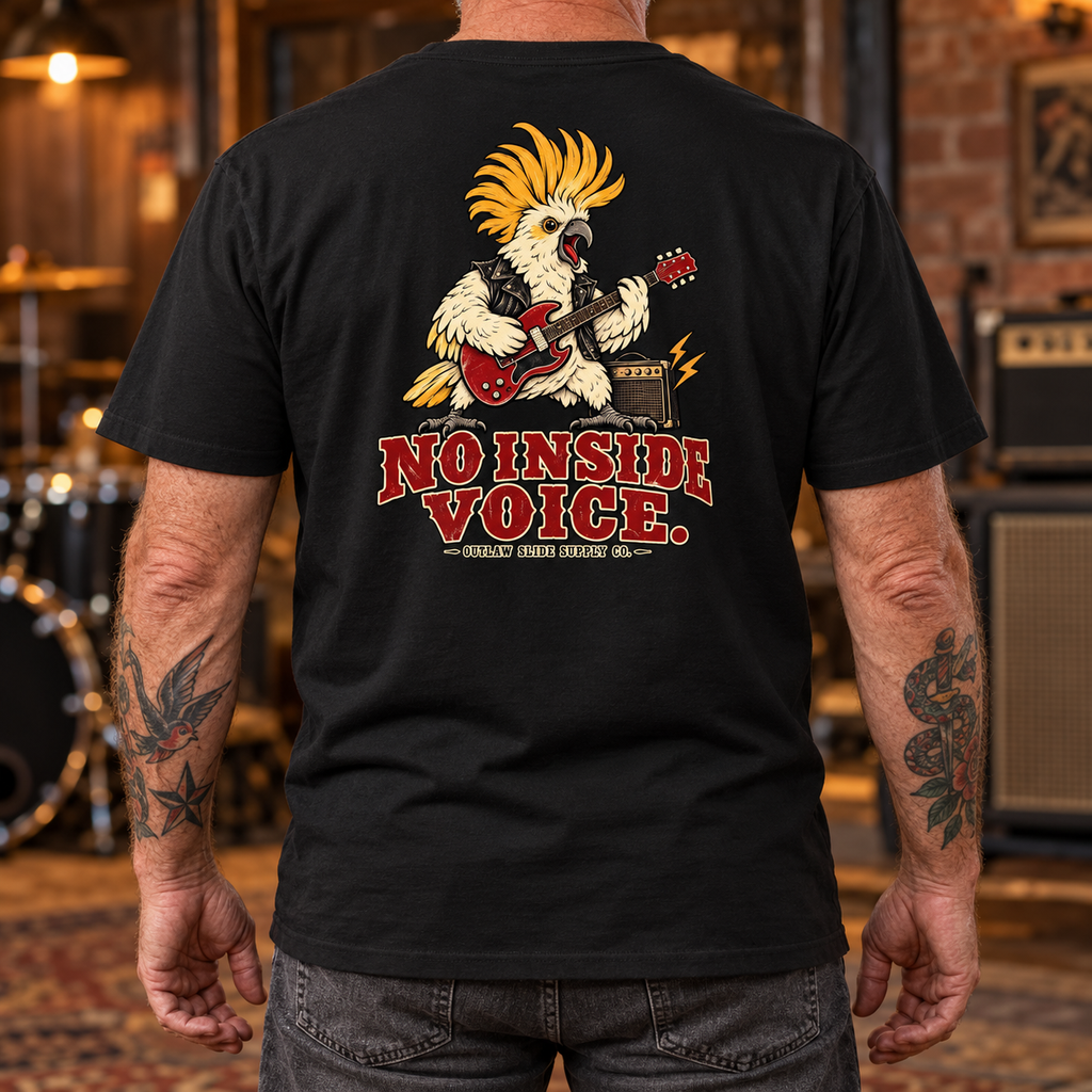 No Inside Voice T-Shirt – Cockatoo & Guitar Back Print
