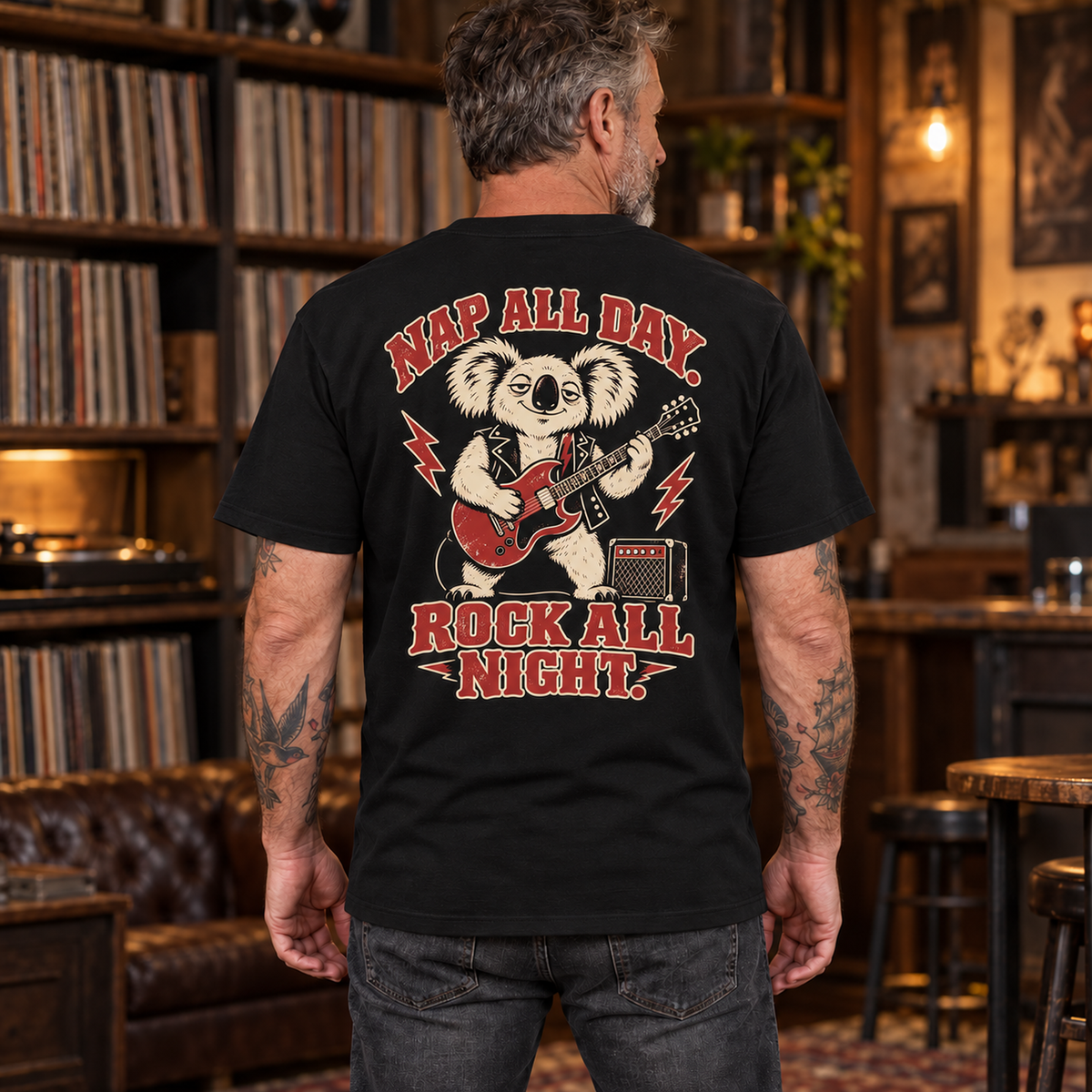 Man wearing the Koala Nap All Day Rock All Night heavyweight back print tee