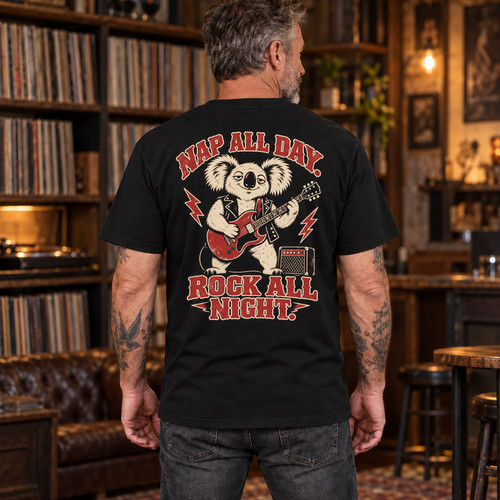 Man wearing the Koala Nap All Day Rock All Night heavyweight back print tee