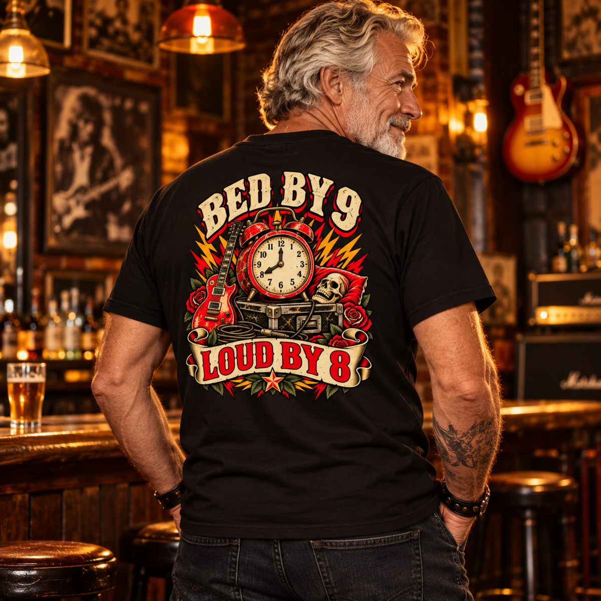 Bed by 9. Loud by 8. – Funny Vintage Rock Back Print Tee