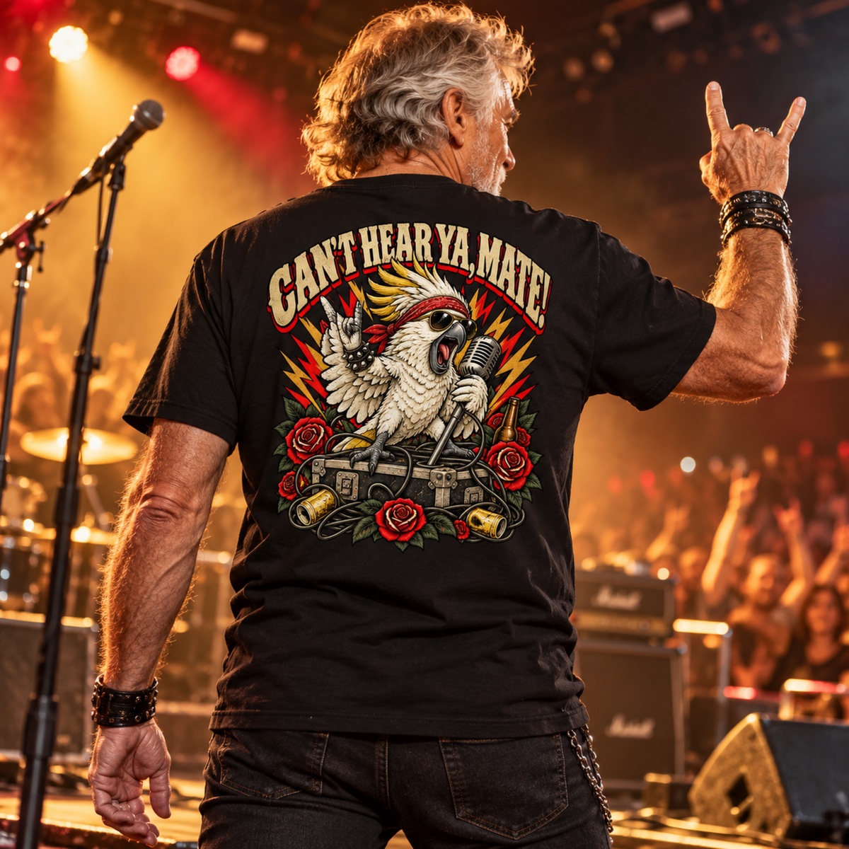 Can’t Hear Ya, Mate? – Cockatoo Australian Pub Rock Back Print Tee