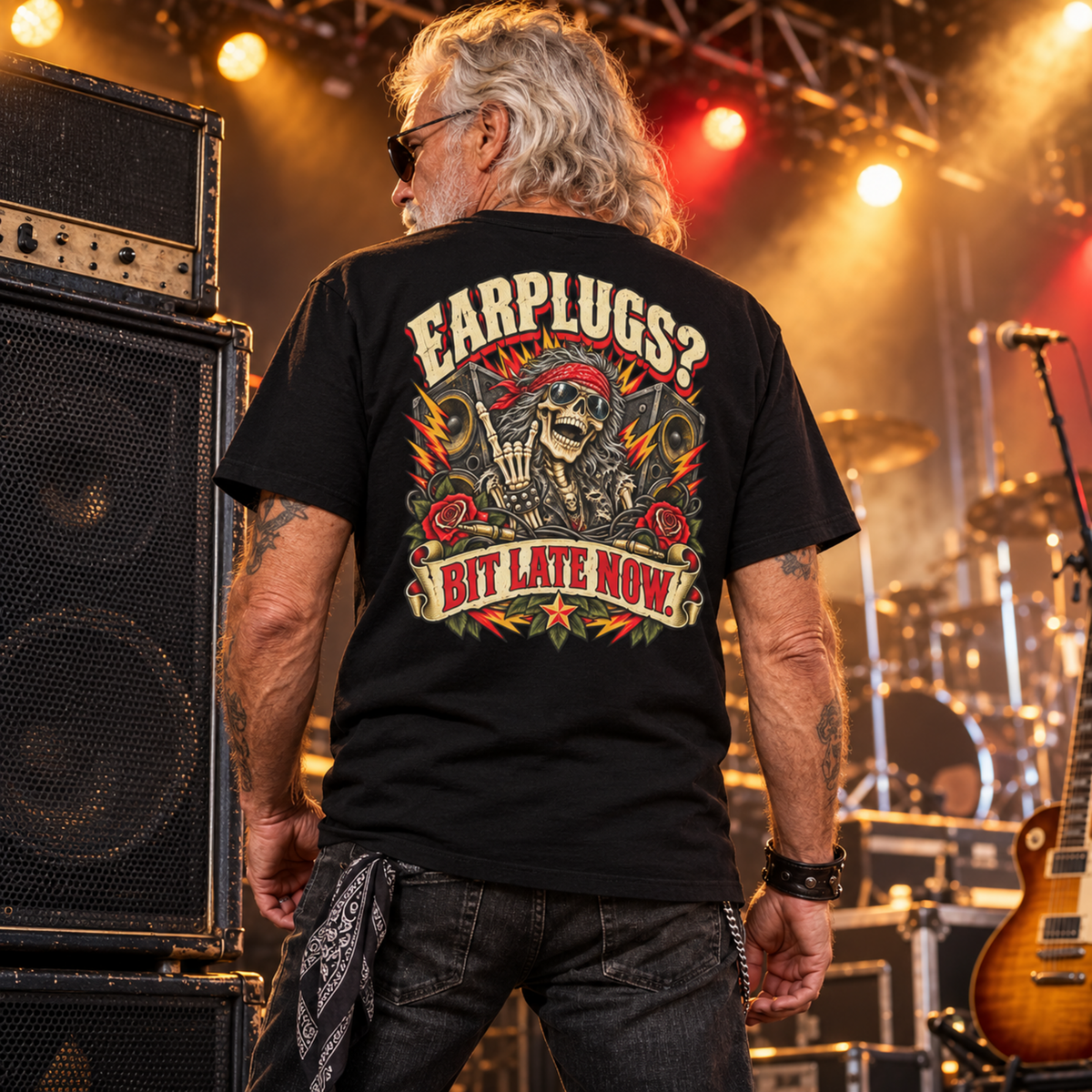 Earplugs? Bit Late Now – Skeleton Rocker Back Print Tee