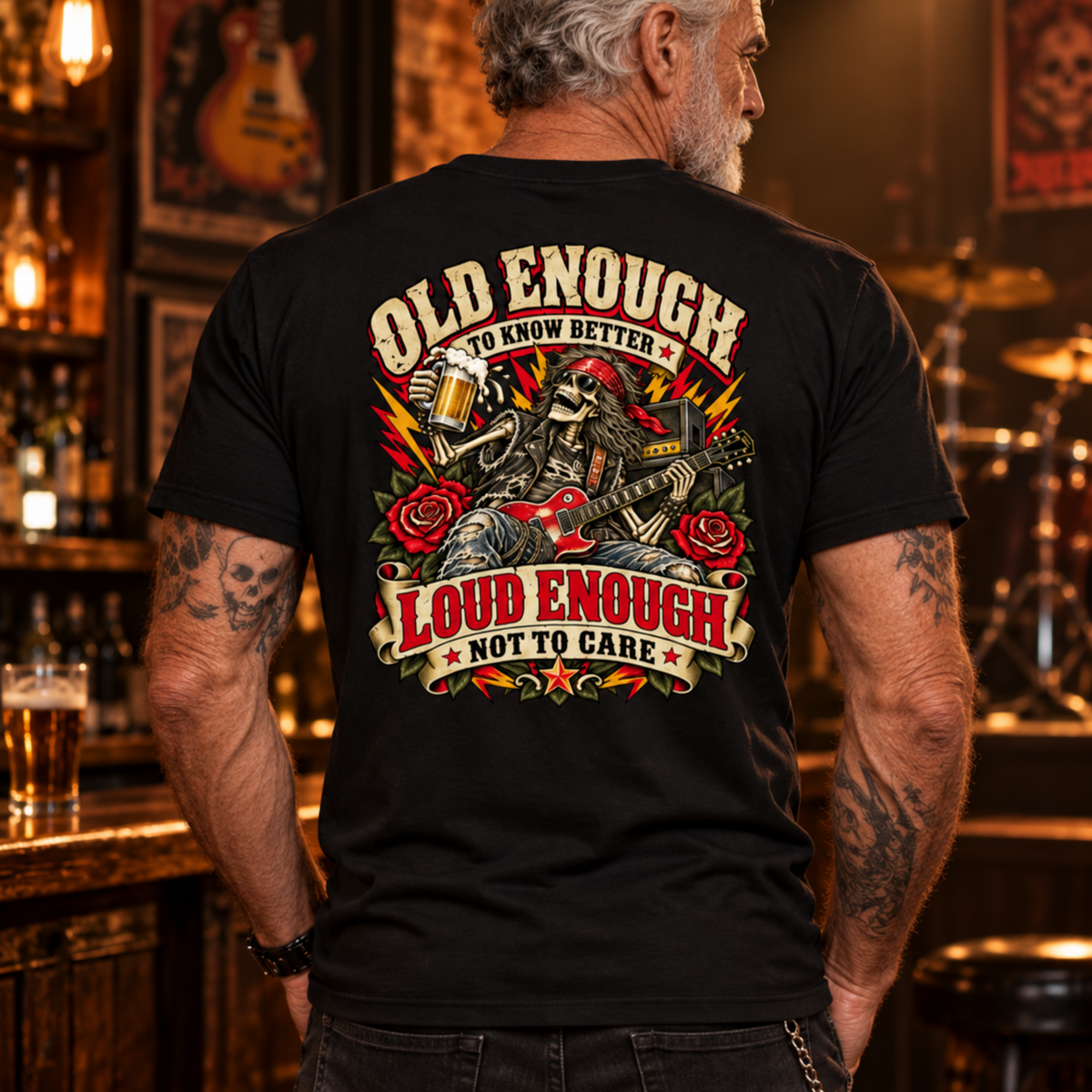 Loud Enough Not to Care Back Print T-Shirt | Skeleton Rocker Pub Rock Tee