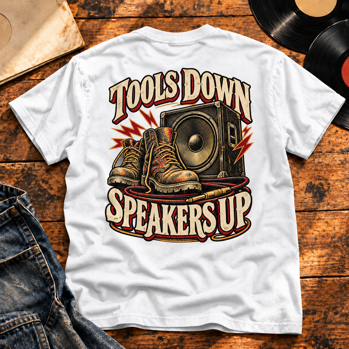 Tools Down Speakers Up Heavyweight Tee — White vinyl flat-lay back view
