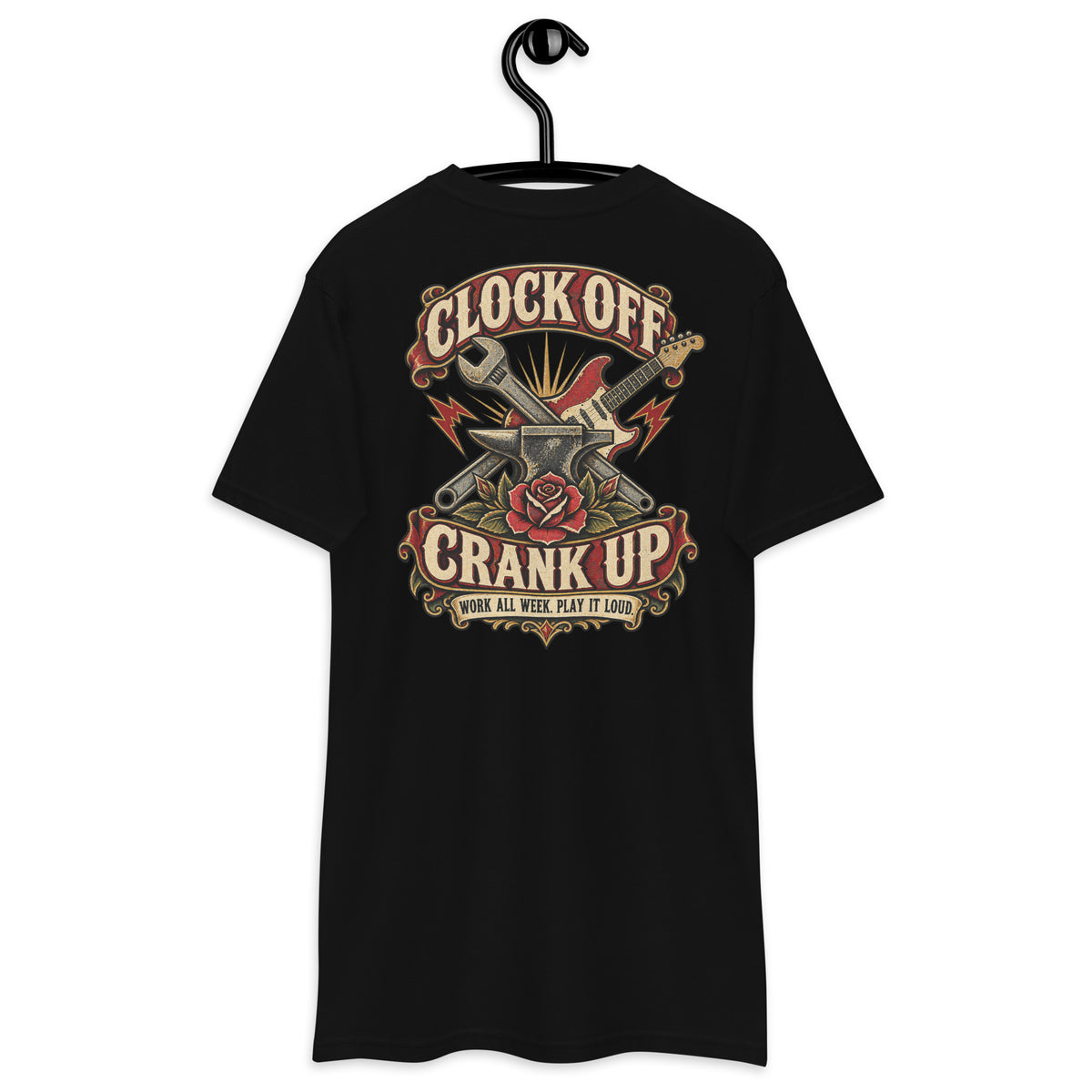 Clock Off Crank Up Heavyweight Tee — Black back print, original Printful hanging tee mockup