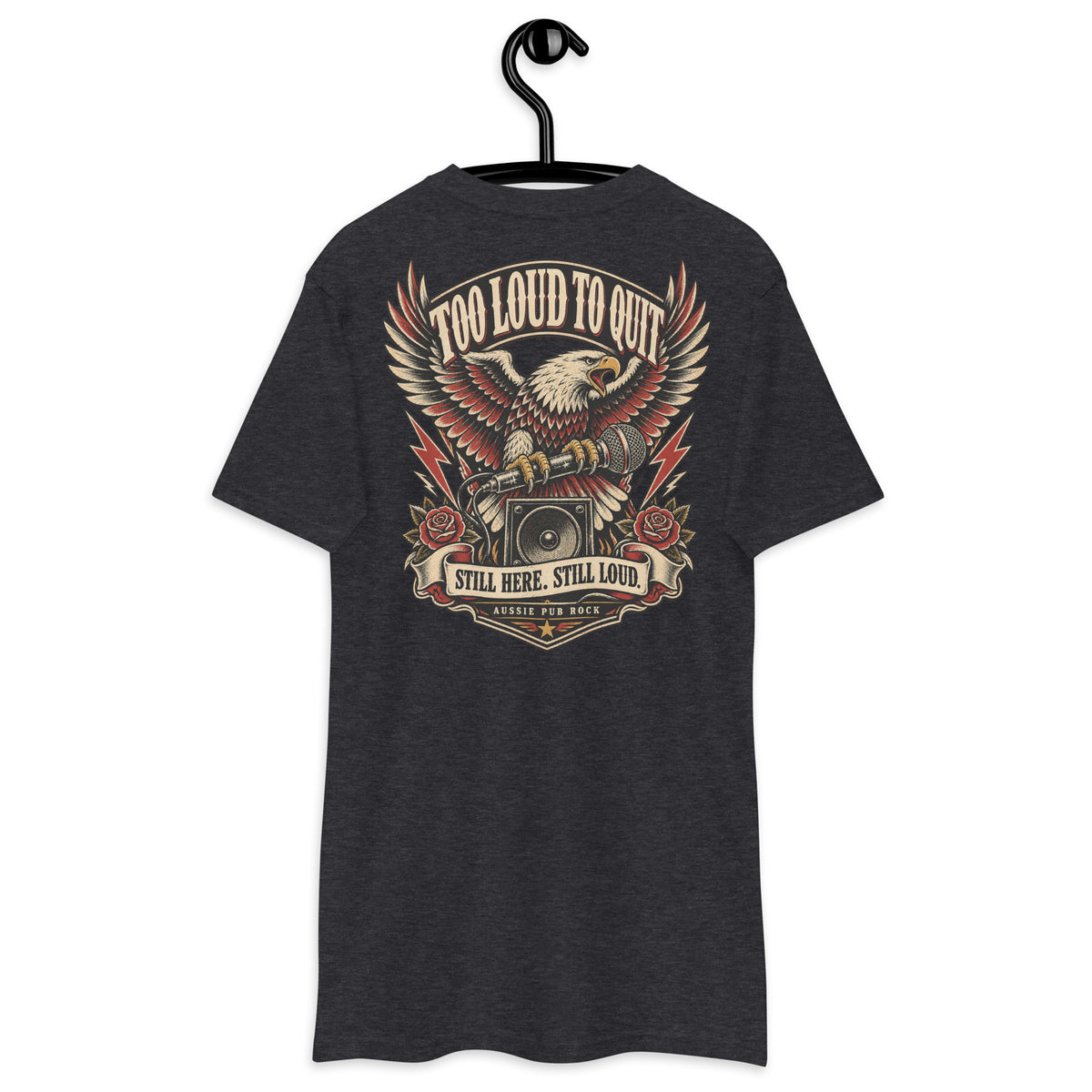 Too Loud to Quit Heavyweight Tee — Charcoal Heather back print, original Printful hanging tee mockup