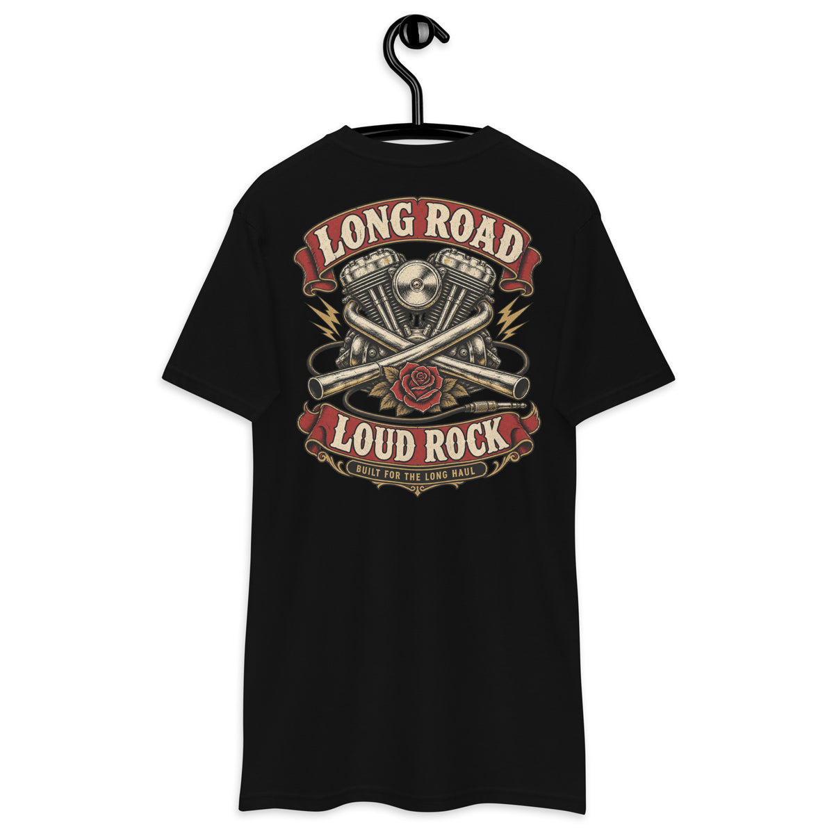 Long Road Loud Rock Heavyweight Tee — Black back print, original Printful hanging tee mockup