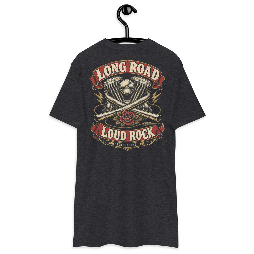 Long Road Loud Rock Heavyweight Tee — Charcoal Heather back print, original Printful hanging tee mockup