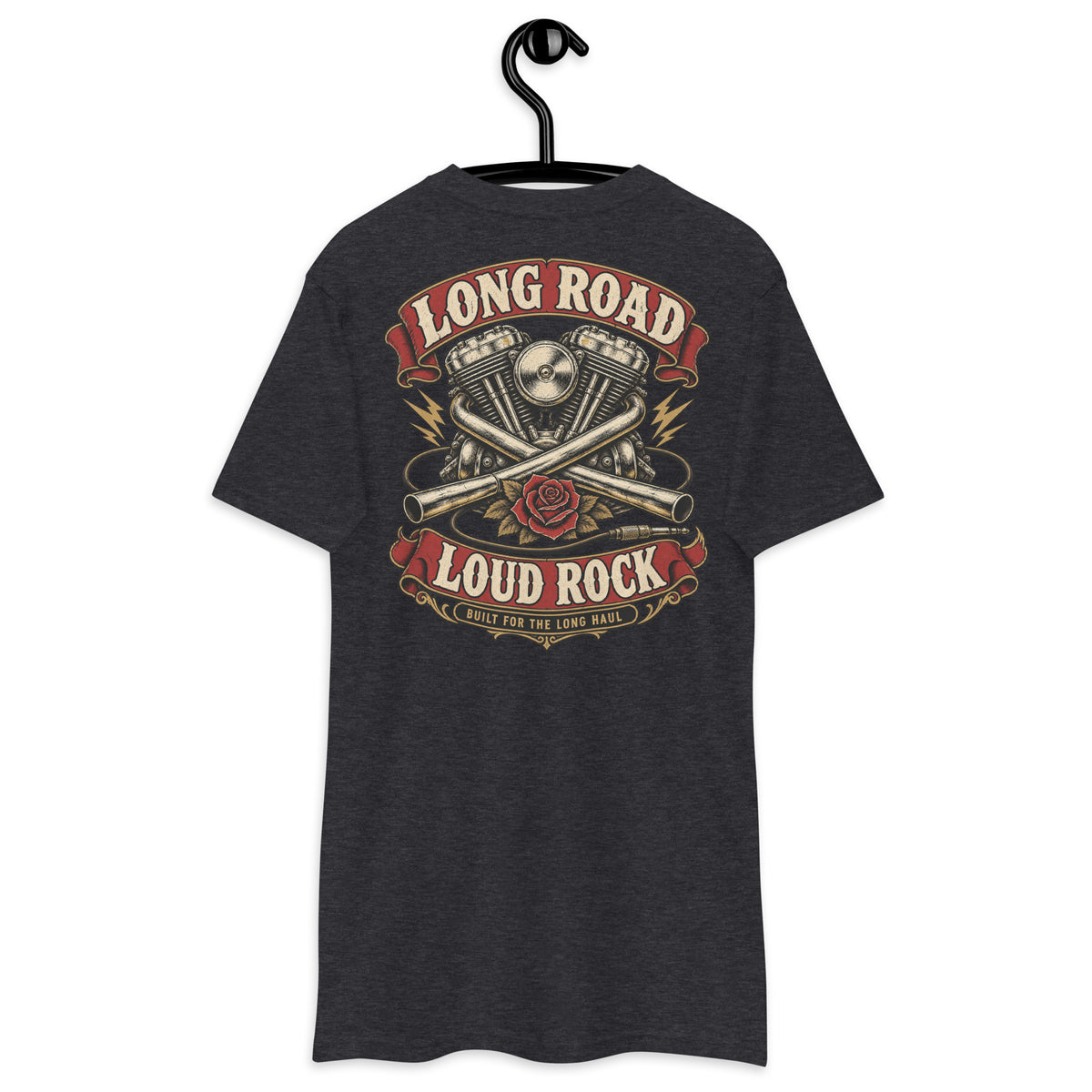 Long Road Loud Rock Heavyweight Tee — Charcoal Heather back print, original Printful hanging tee mockup