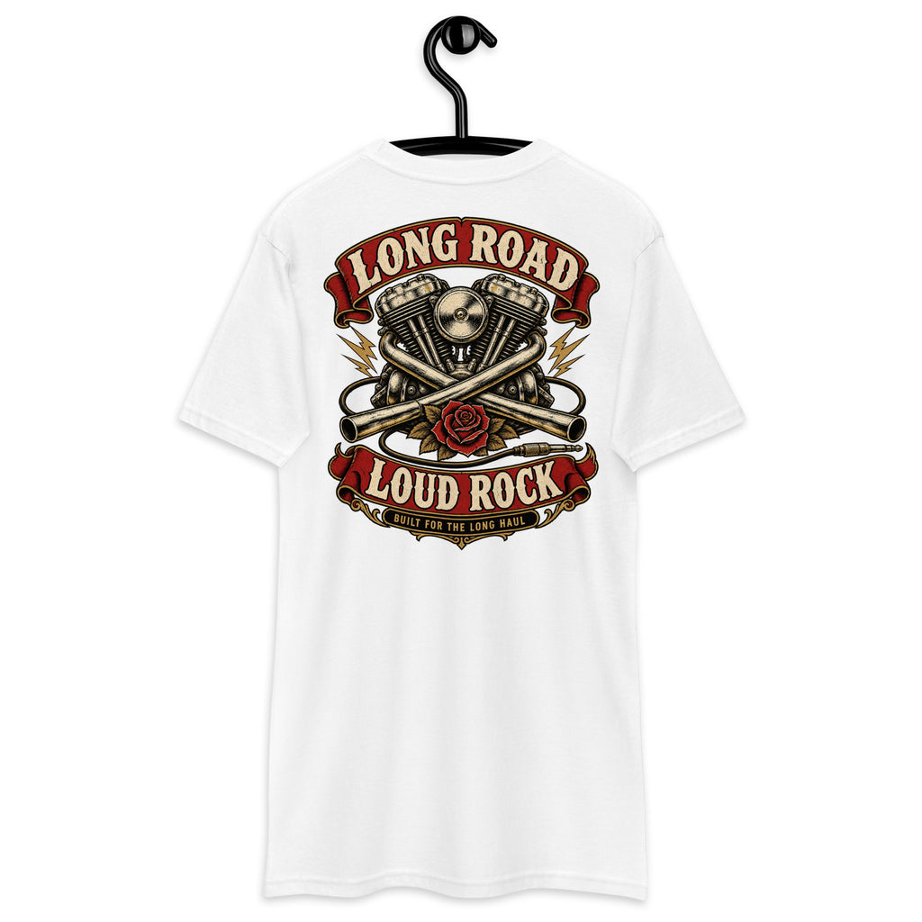Long Road Loud Rock Heavyweight Tee — White back print, original Printful hanging tee mockup