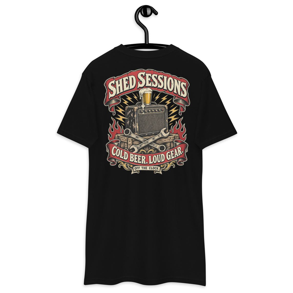 Shed Sessions Heavyweight Tee — Black back print, original Printful hanging tee mockup