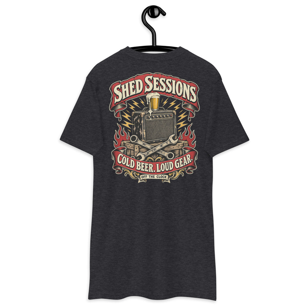 Shed Sessions Heavyweight Tee — Charcoal Heather back print, original Printful hanging tee mockup