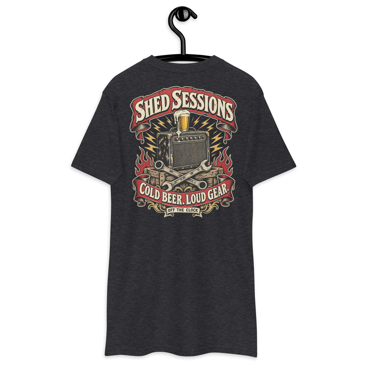 Shed Sessions Heavyweight Tee — Charcoal Heather back print, original Printful hanging tee mockup
