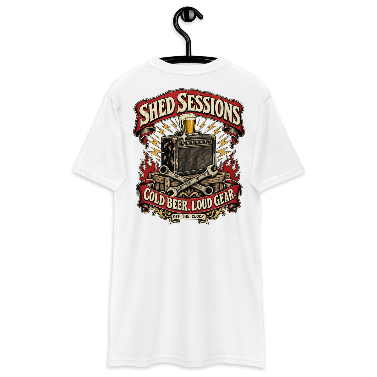 Shed Sessions Heavyweight Tee — White back print, original Printful hanging tee mockup