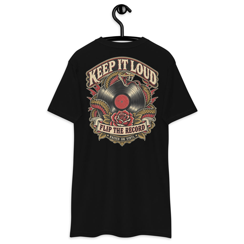 Keep It Loud Heavyweight Tee — Black back print, original Printful hanging tee mockup