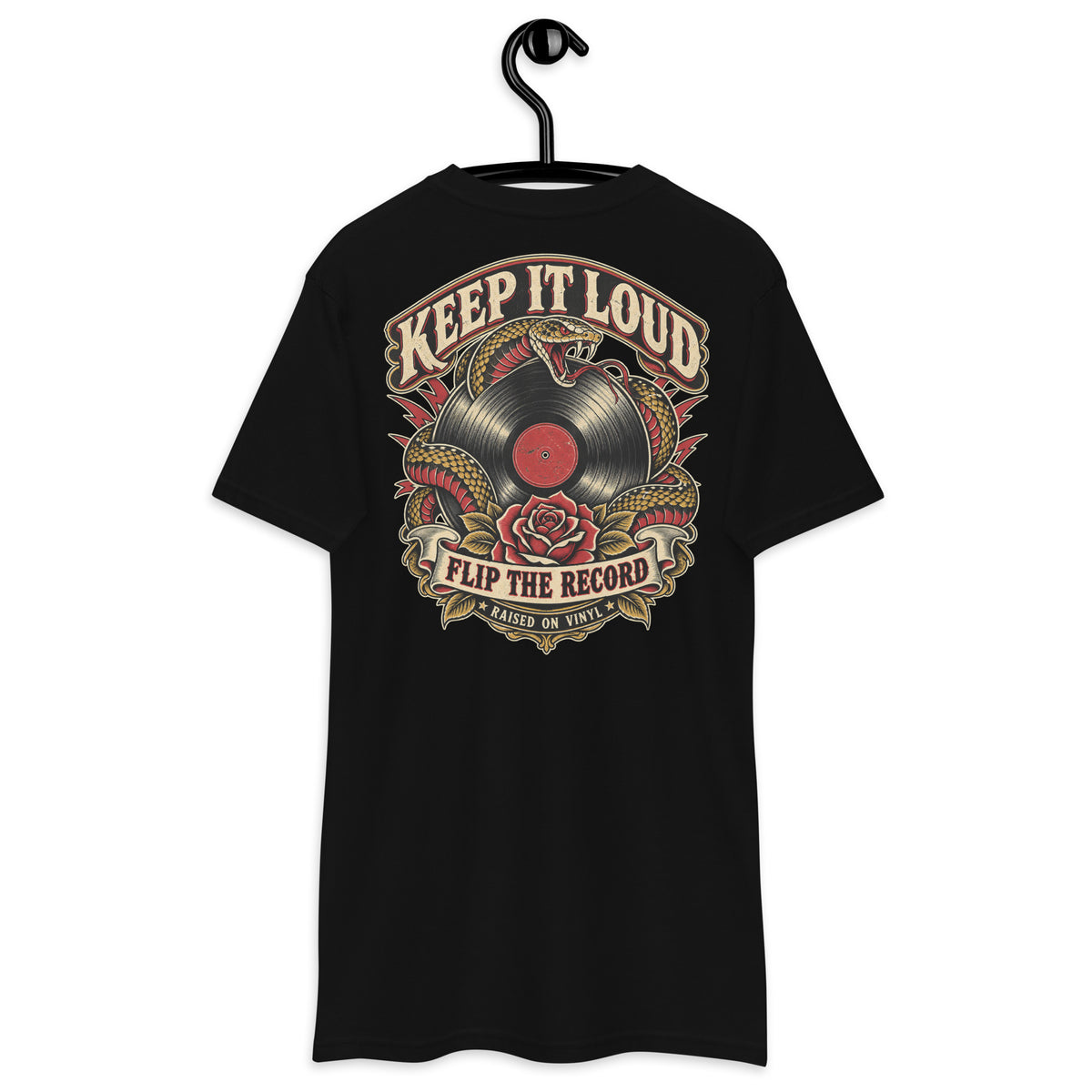 Keep It Loud Heavyweight Tee — Black back print, original Printful hanging tee mockup