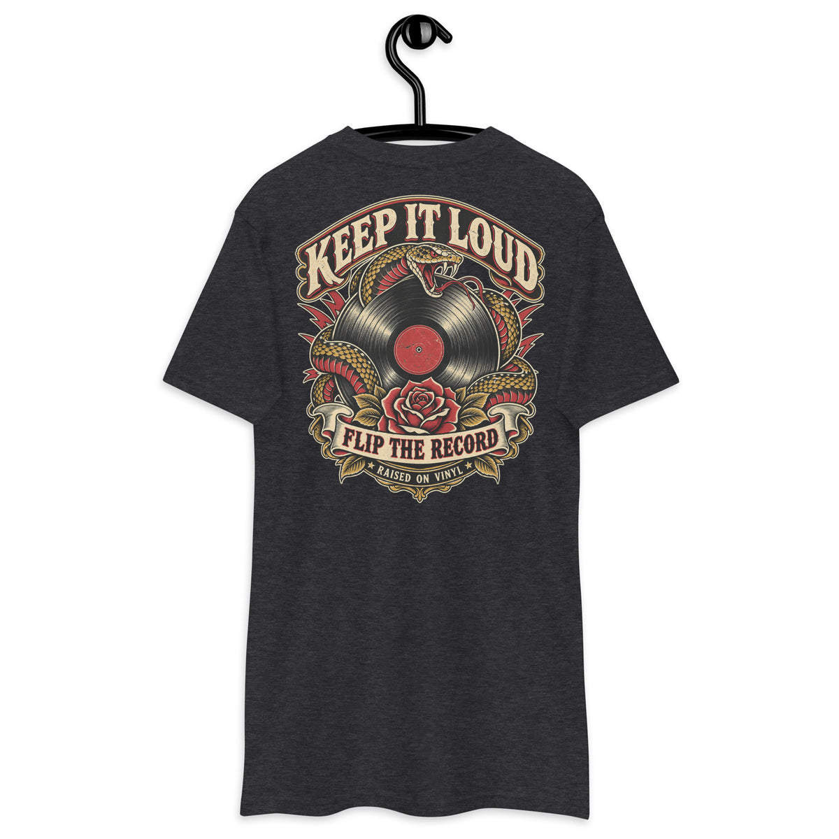 Keep It Loud Heavyweight Tee — Charcoal Heather back print, original Printful hanging tee mockup