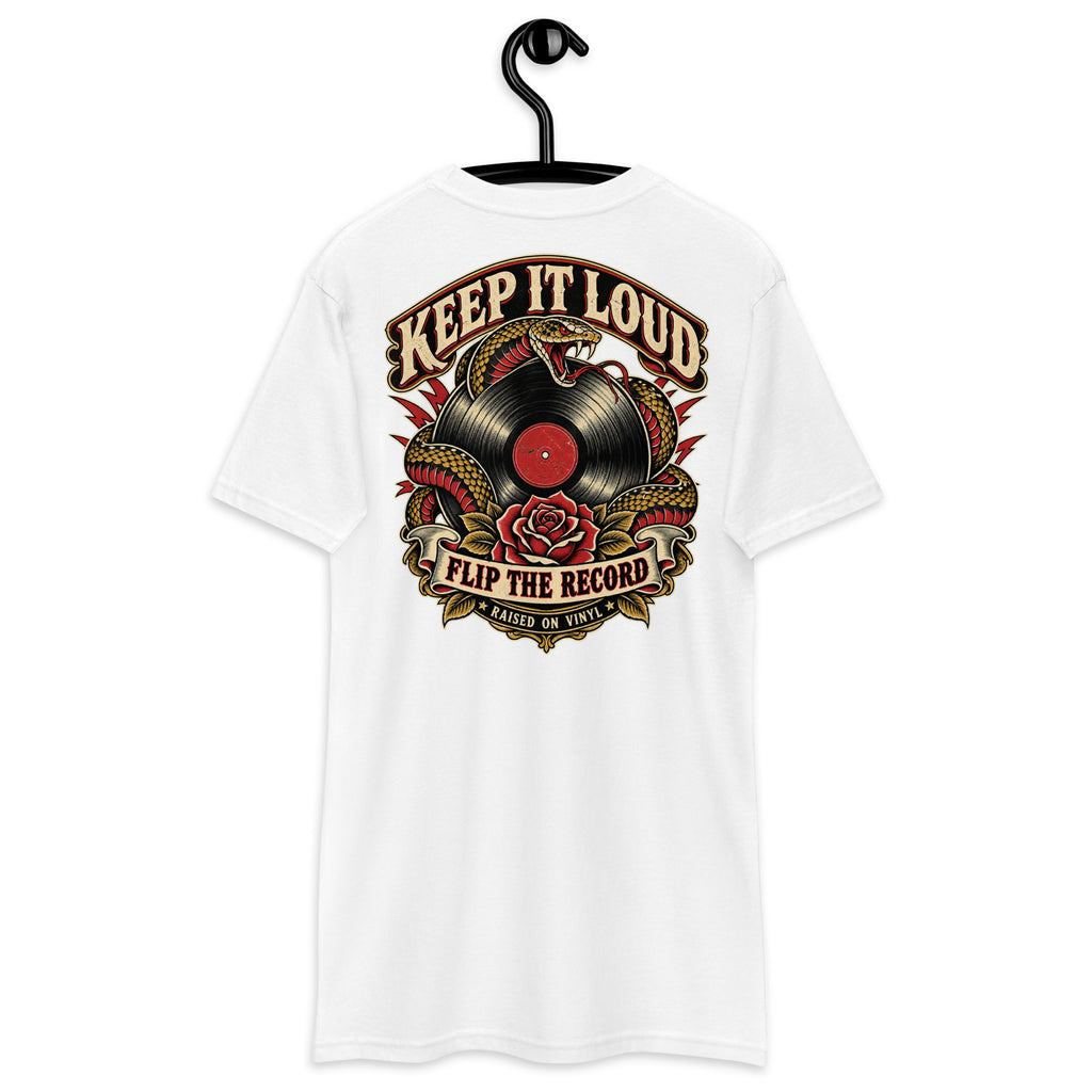Keep It Loud Heavyweight Tee — White back print, original Printful hanging tee mockup