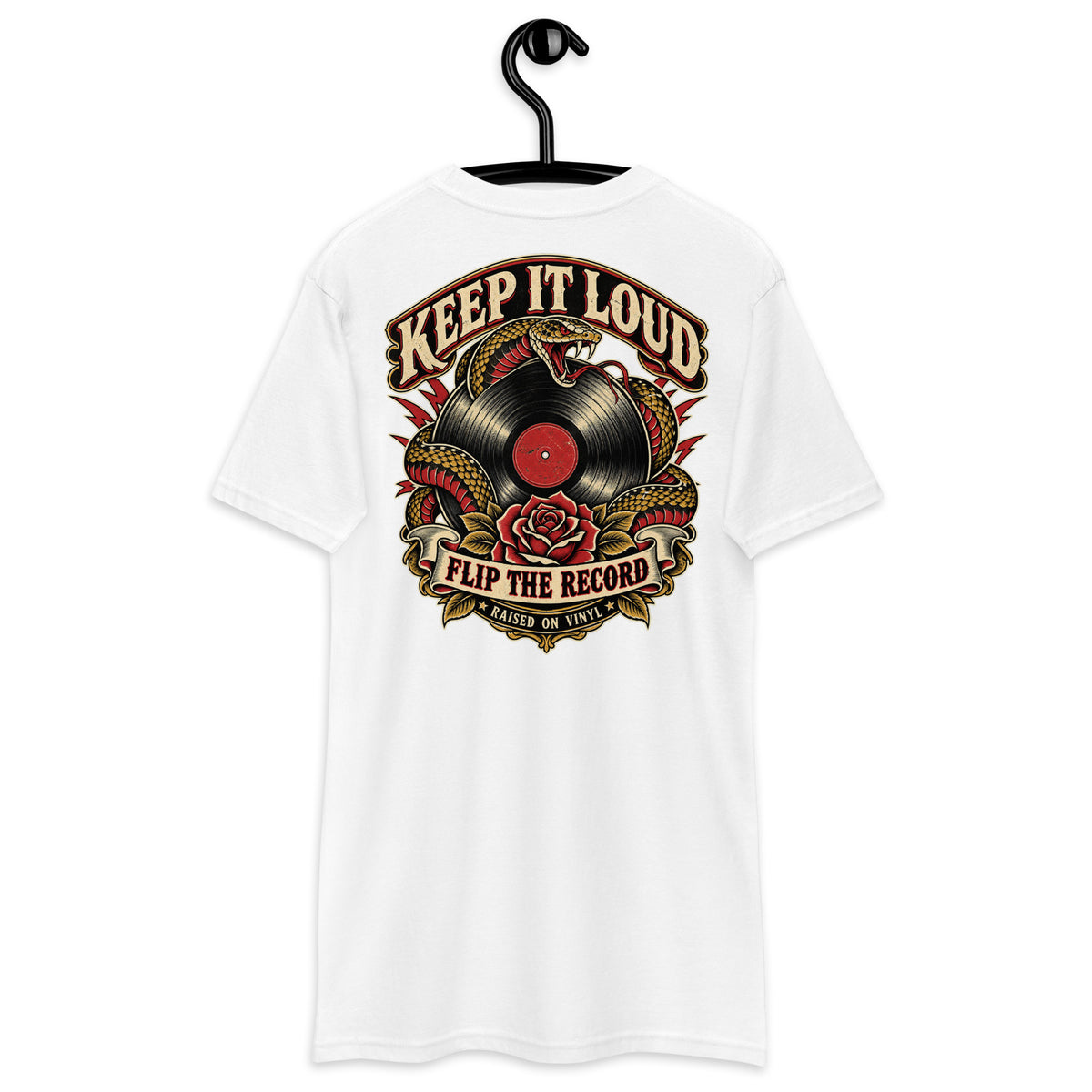 Keep It Loud Heavyweight Tee — White back print, original Printful hanging tee mockup