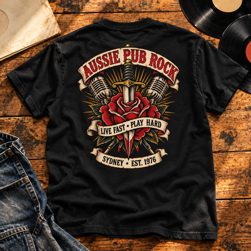 Australian Pub Rock Heavyweight Tee — black back print in vintage vinyl setting