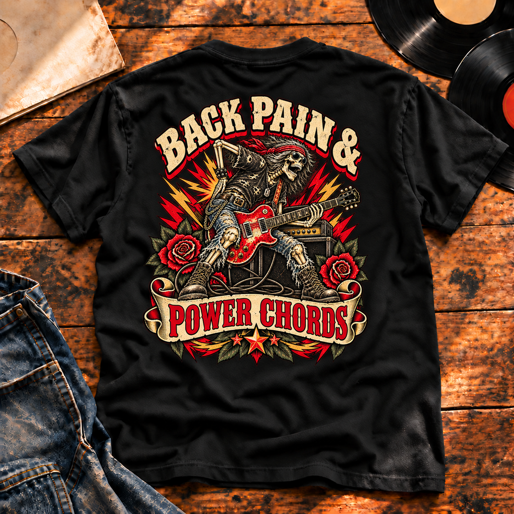 Back Pain & Power Chords Heavyweight Tee — Black hero — back print