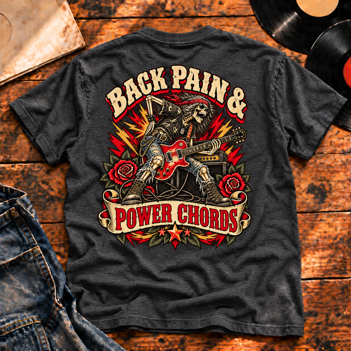 Back Pain & Power Chords Heavyweight Tee — Charcoal Heather hero — back print